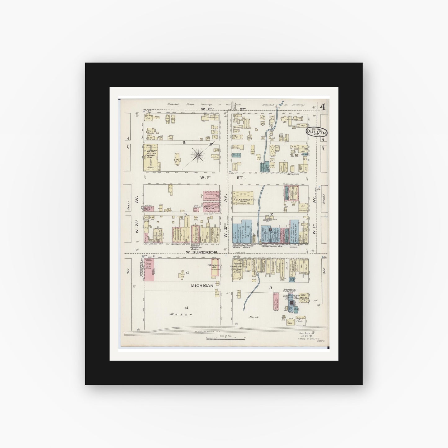Old map wall art mockup — black gallery frame with white mat — Sanborn Fire Insurance Map from Duluth, Saint Louis County, Minnesota (1885), Sheet #0004