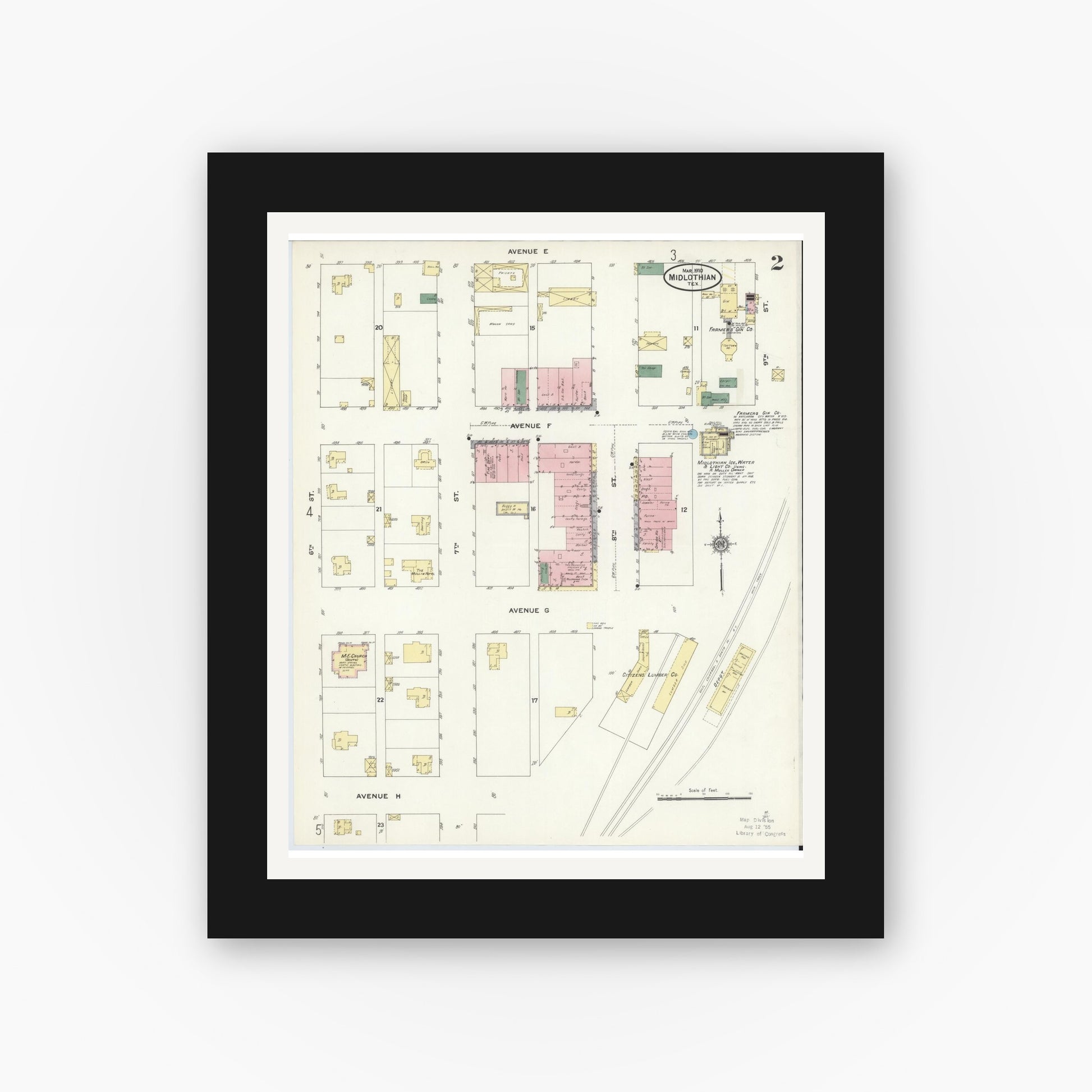 Old map wall art mockup — black gallery frame with white mat — Sanborn Fire Insurance Map from Midlothian, Ellis County, Texas (1910), Sheet #0002