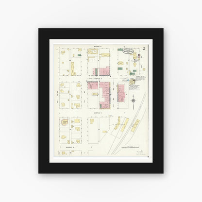 Old map wall art mockup — black gallery frame with white mat — Sanborn Fire Insurance Map from Midlothian, Ellis County, Texas (1910), Sheet #0002