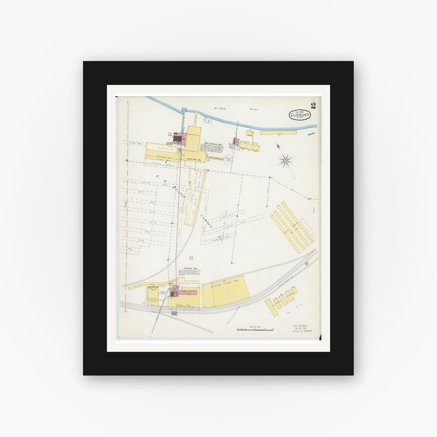 Old map wall art mockup — black gallery frame with white mat — Sanborn Fire Insurance Map from Cloquet, Carlton County, Minnesota (1892), Sheet #0002