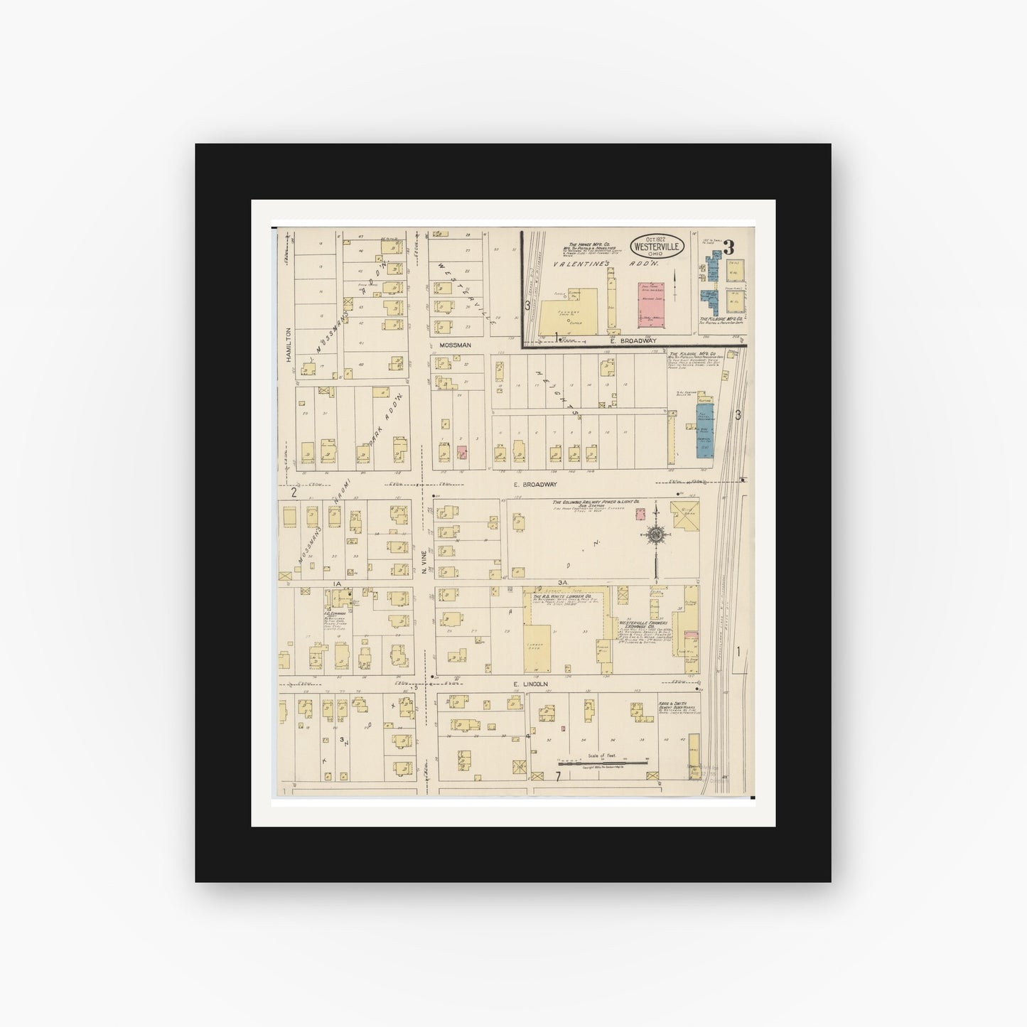 Old map wall art mockup — black gallery frame with white mat — Sanborn Fire Insurance Map from Westerville, Franklin County, Ohio (1922), Sheet #0003