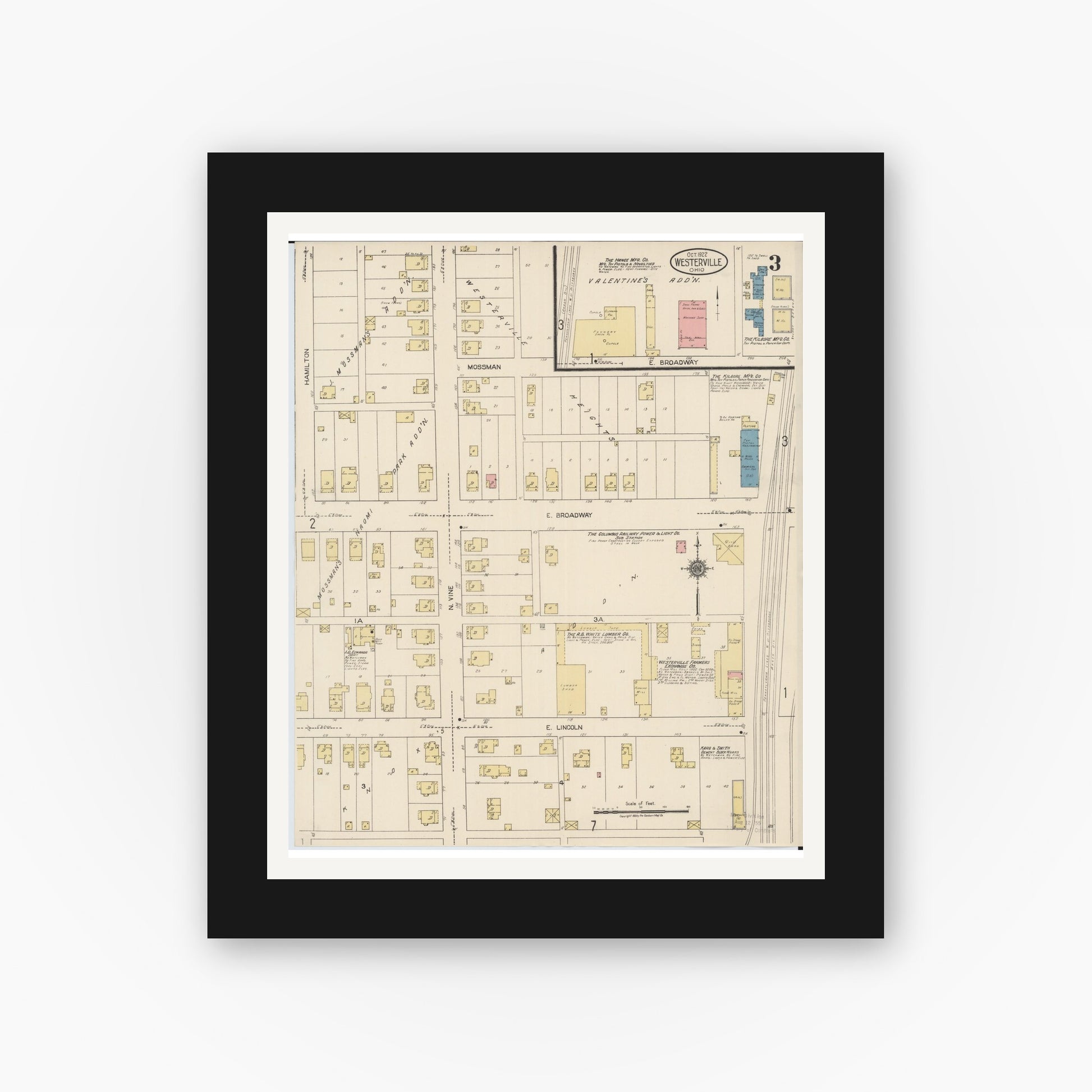 Old map wall art mockup — black gallery frame with white mat — Sanborn Fire Insurance Map from Westerville, Franklin County, Ohio (1922), Sheet #0003