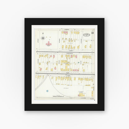 Old map wall art mockup — black gallery frame with white mat — Sanborn Fire Insurance Map from Greensburg, Decatur County, Indiana (1906), Sheet #0013