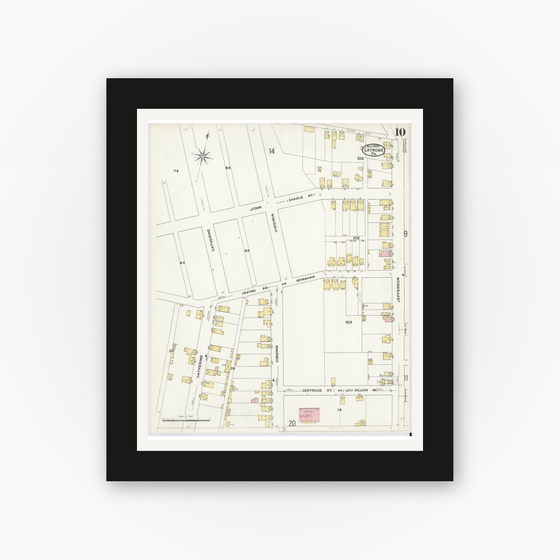 Old map wall art mockup — black gallery frame with white mat — Sanborn Fire Insurance Map from Latrobe, Westmoreland County, Pennsylvania (1909), Sheet #0010