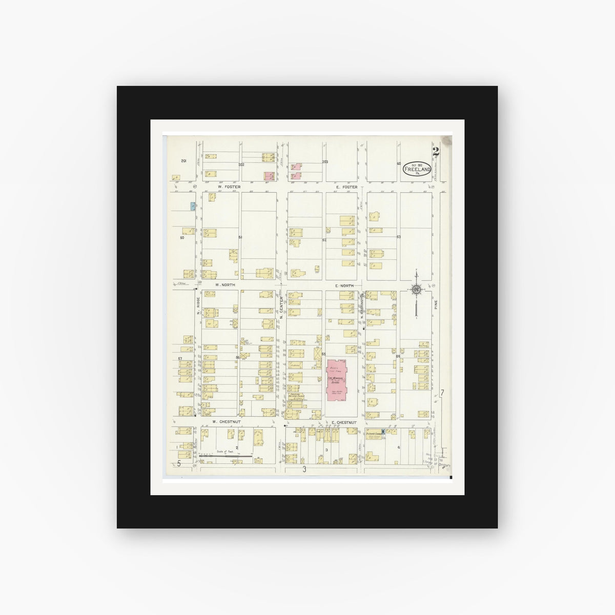 Old map wall art mockup — black gallery frame with white mat — Sanborn Fire Insurance Map from Freeland, Luzerne County, Pennsylvania (1912), Sheet #0002