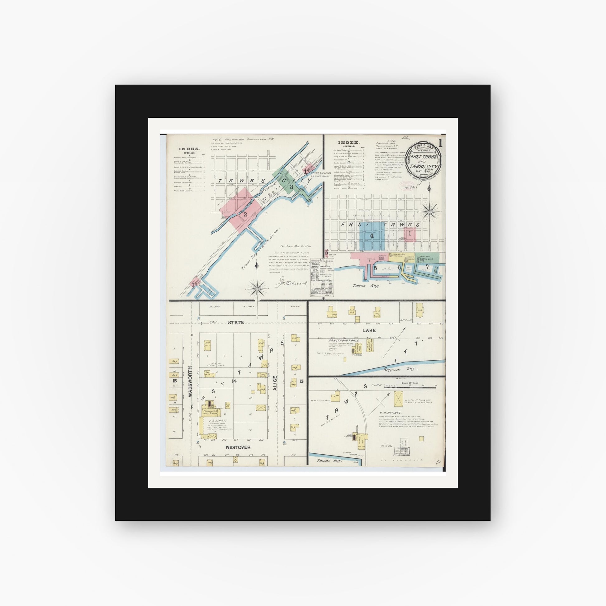 Old map wall art mockup — black gallery frame with white mat — Sanborn Fire Insurance Map from East Tawas, Iosco County, Michigan (1890), Sheet #0001