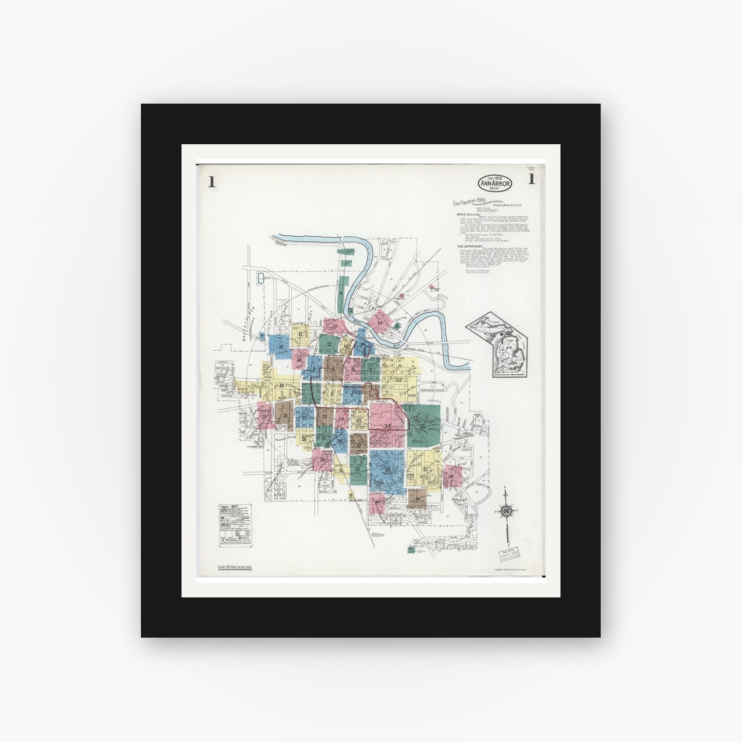 Old map wall art mockup — black gallery frame with white mat — Sanborn Fire Insurance Map from Ann Arbor, Washtenaw County, Michigan (1925) - Complete Map Set