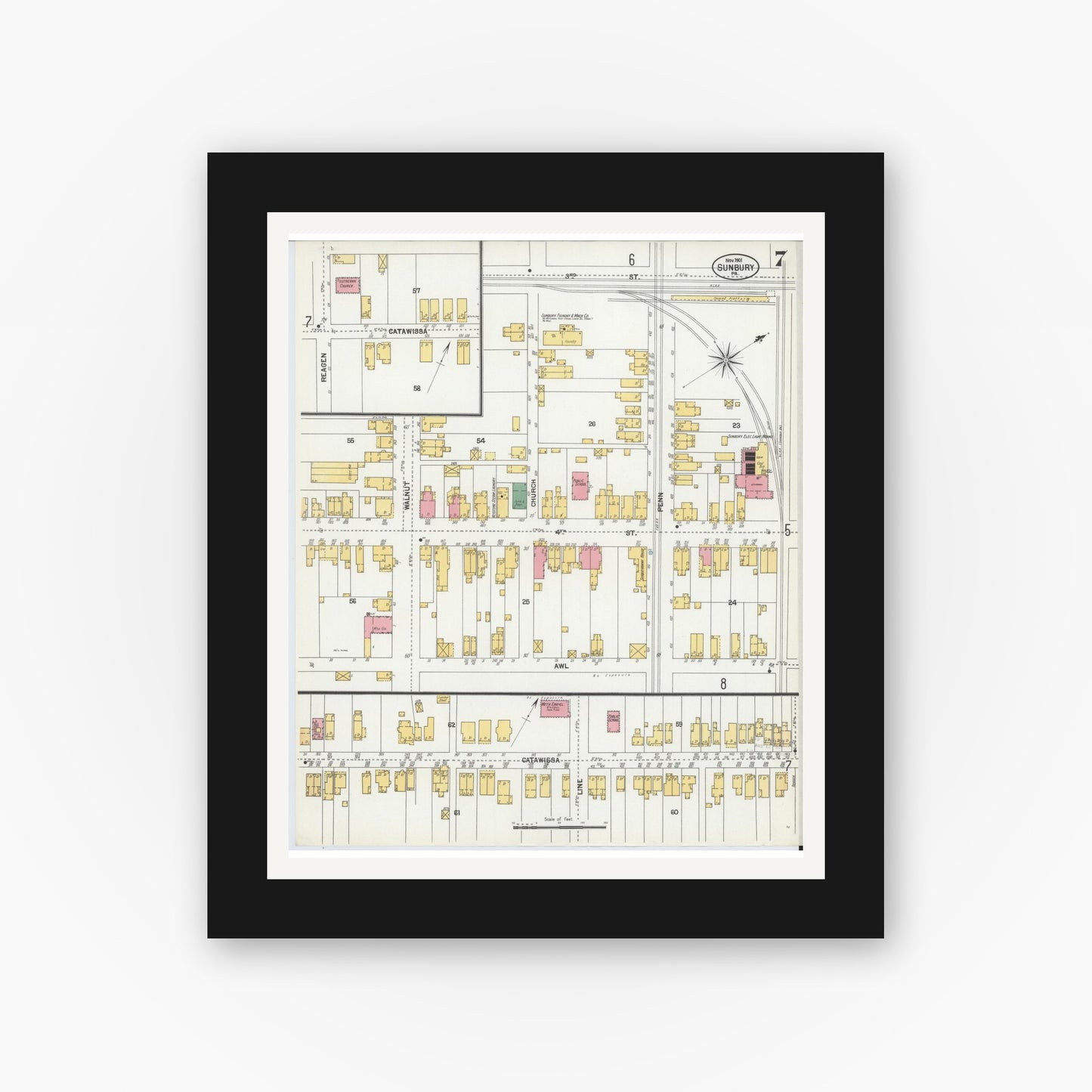 Old map wall art mockup — black gallery frame with white mat — Sanborn Fire Insurance Map from Sunbury, Northumberland County, Pennsylvania (1901), Sheet #0007