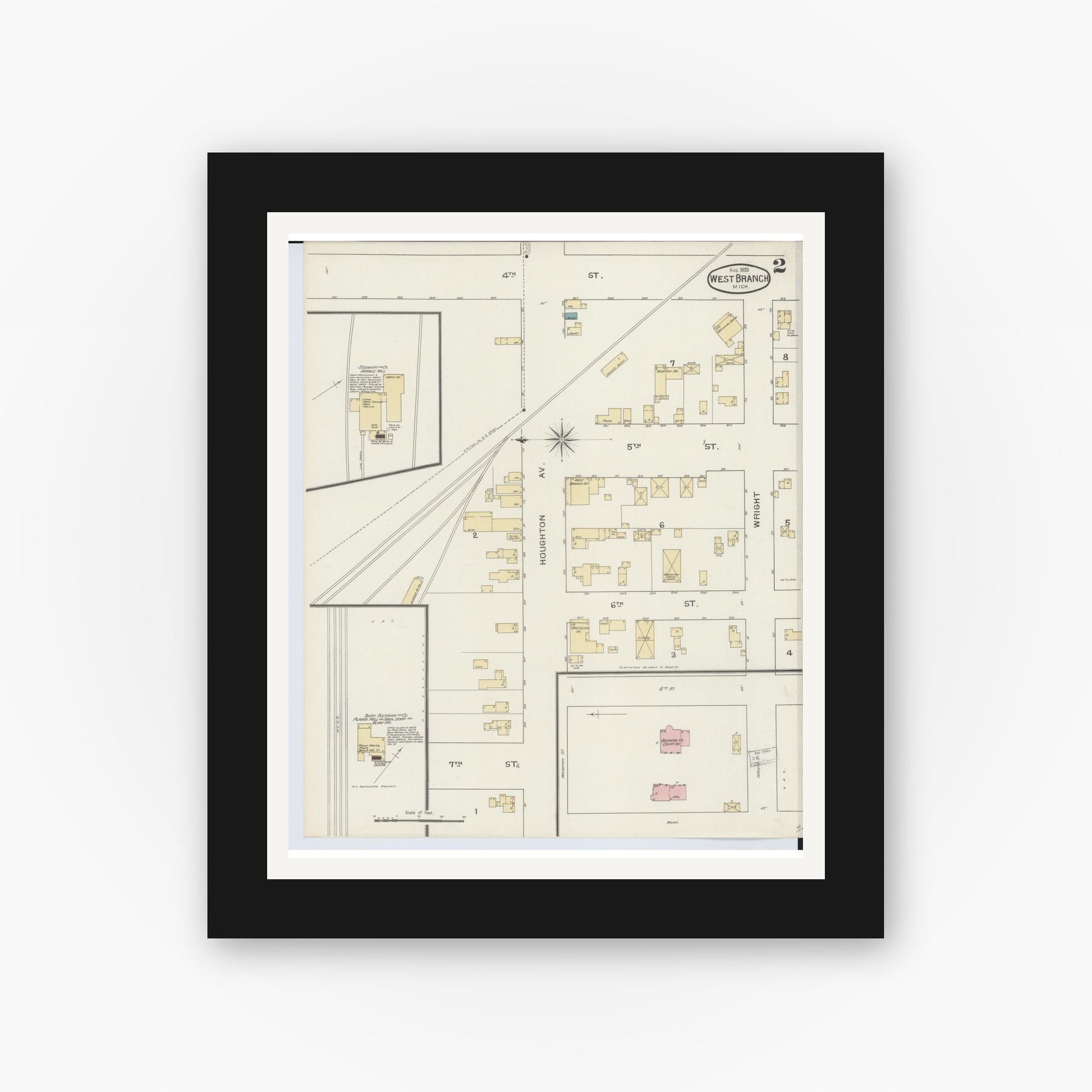 Old map wall art mockup — black gallery frame with white mat — Sanborn Fire Insurance Map from West Branch, Ogemaw County, Michigan (1893), Sheet #0002