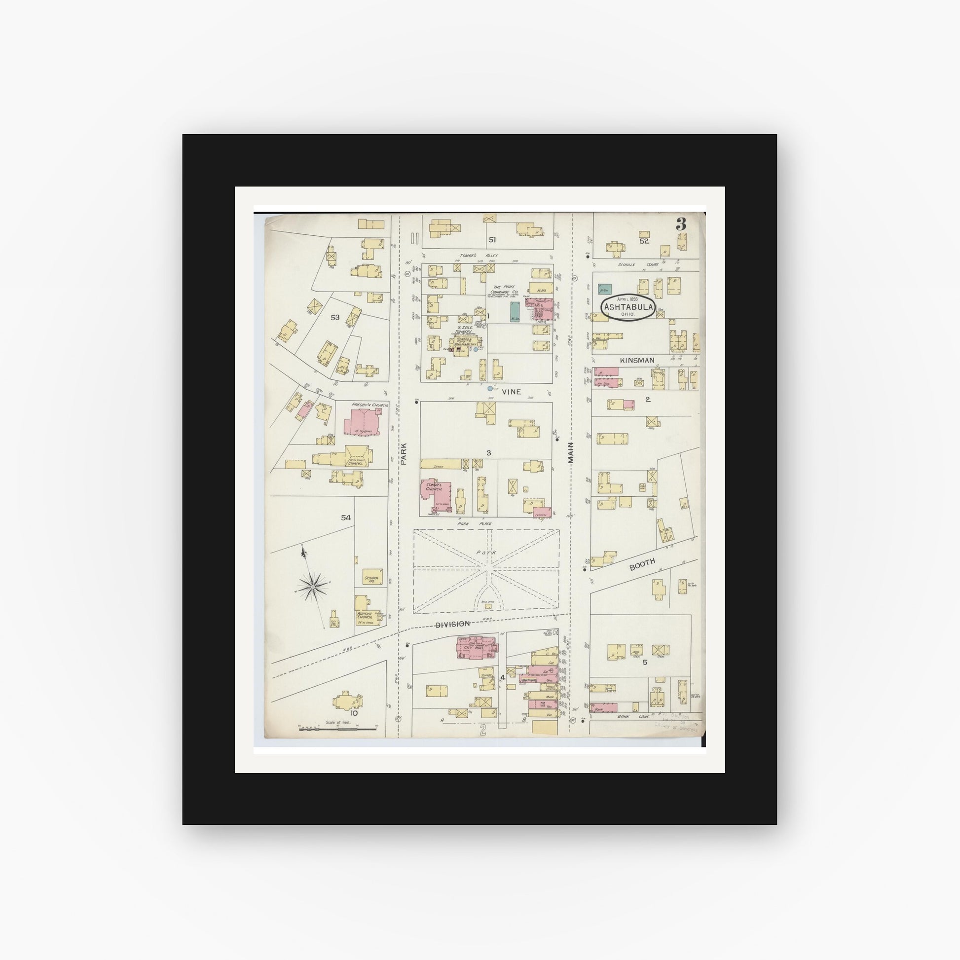 Old map wall art mockup — black gallery frame with white mat — Sanborn Fire Insurance Map from Ashtabula, Ashtabula County, Ohio (1893), Sheet #0003
