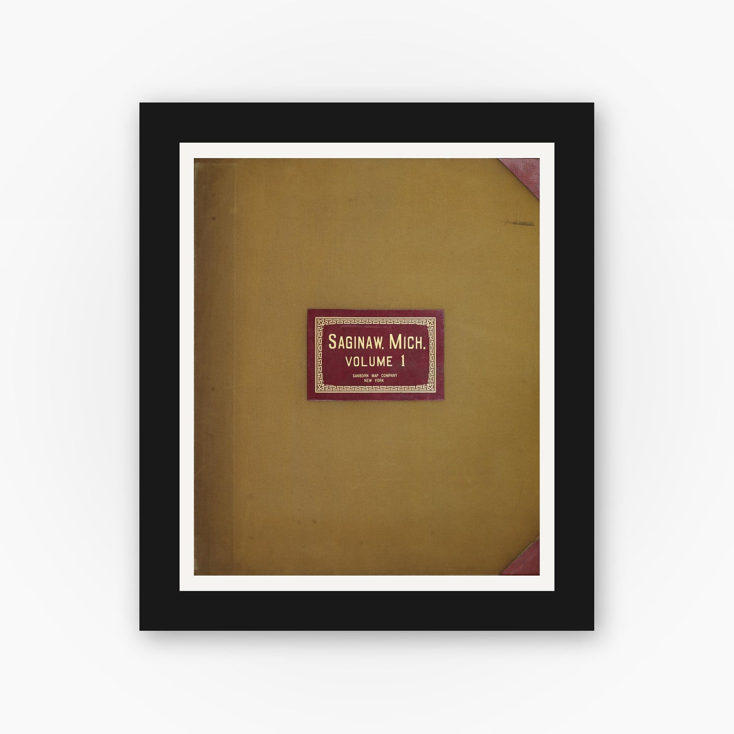 Old map wall art mockup — black gallery frame with white mat — Sanborn Fire Insurance Map from Saginaw, Saginaw County, Michigan (1950), Sheet #0001