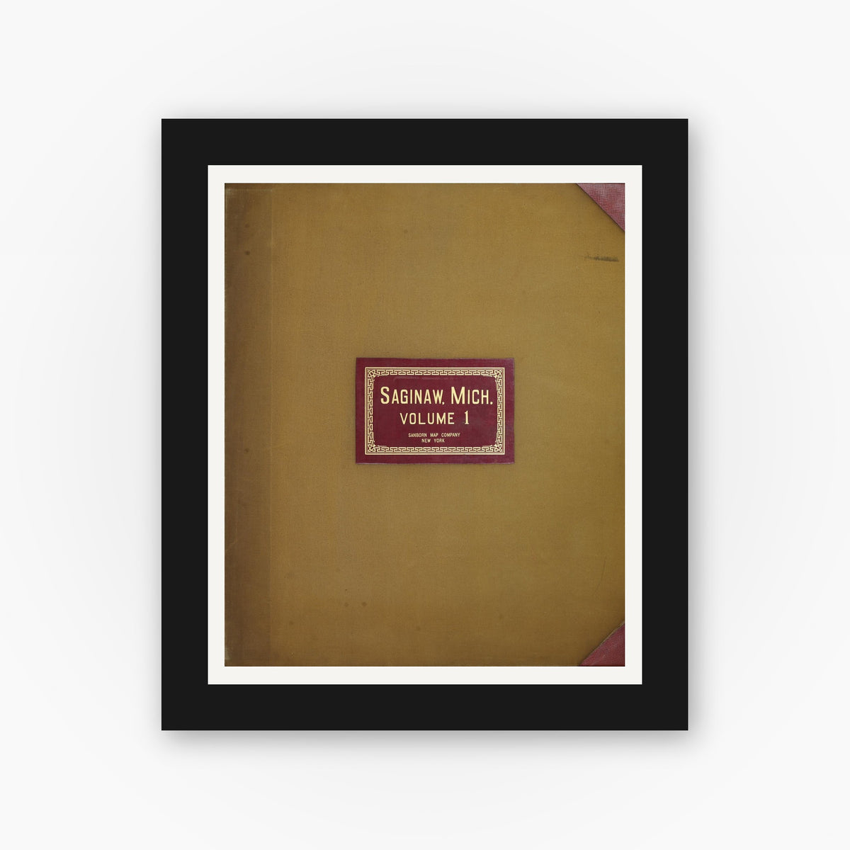 Old map wall art mockup — black gallery frame with white mat — Sanborn Fire Insurance Map from Saginaw, Saginaw County, Michigan (1950), Sheet #0001