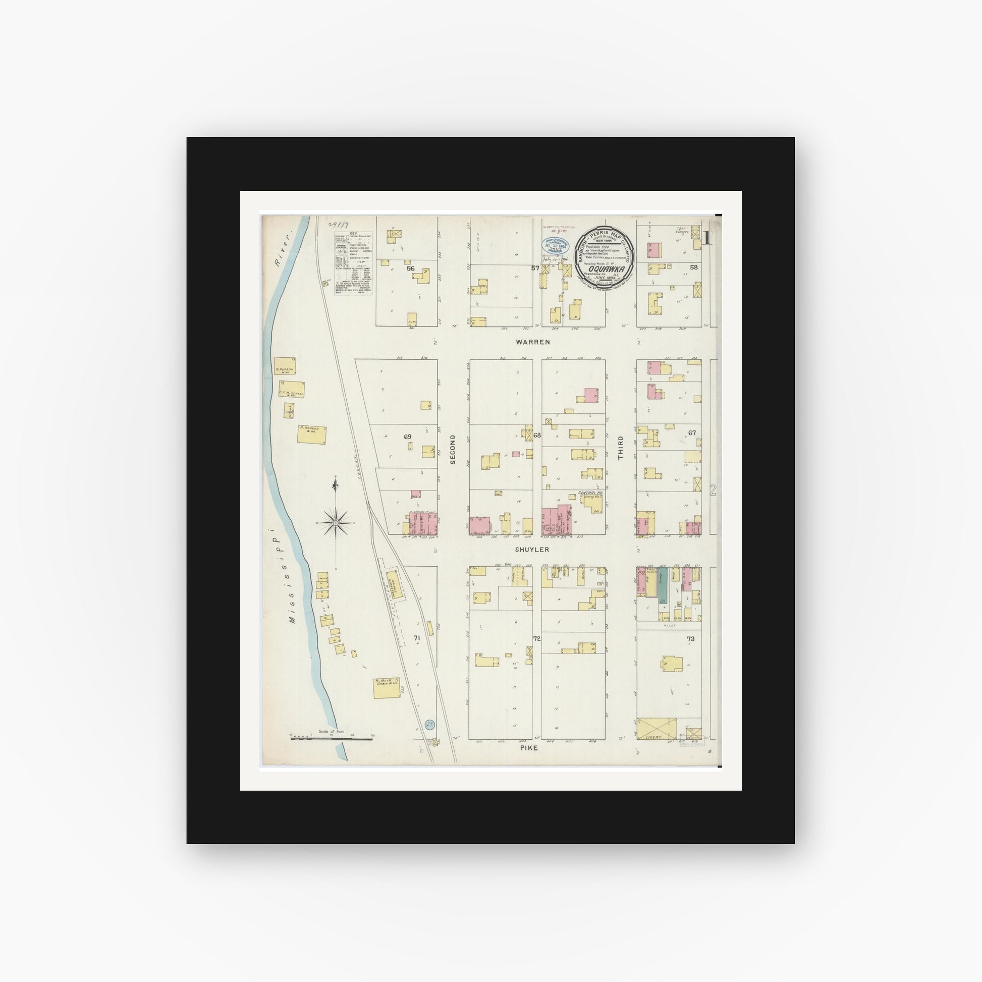Old map wall art mockup — black gallery frame with white mat — Sanborn Fire Insurance Map from Oquawka, Henderson County, Illinois (1894) - Complete Map Set