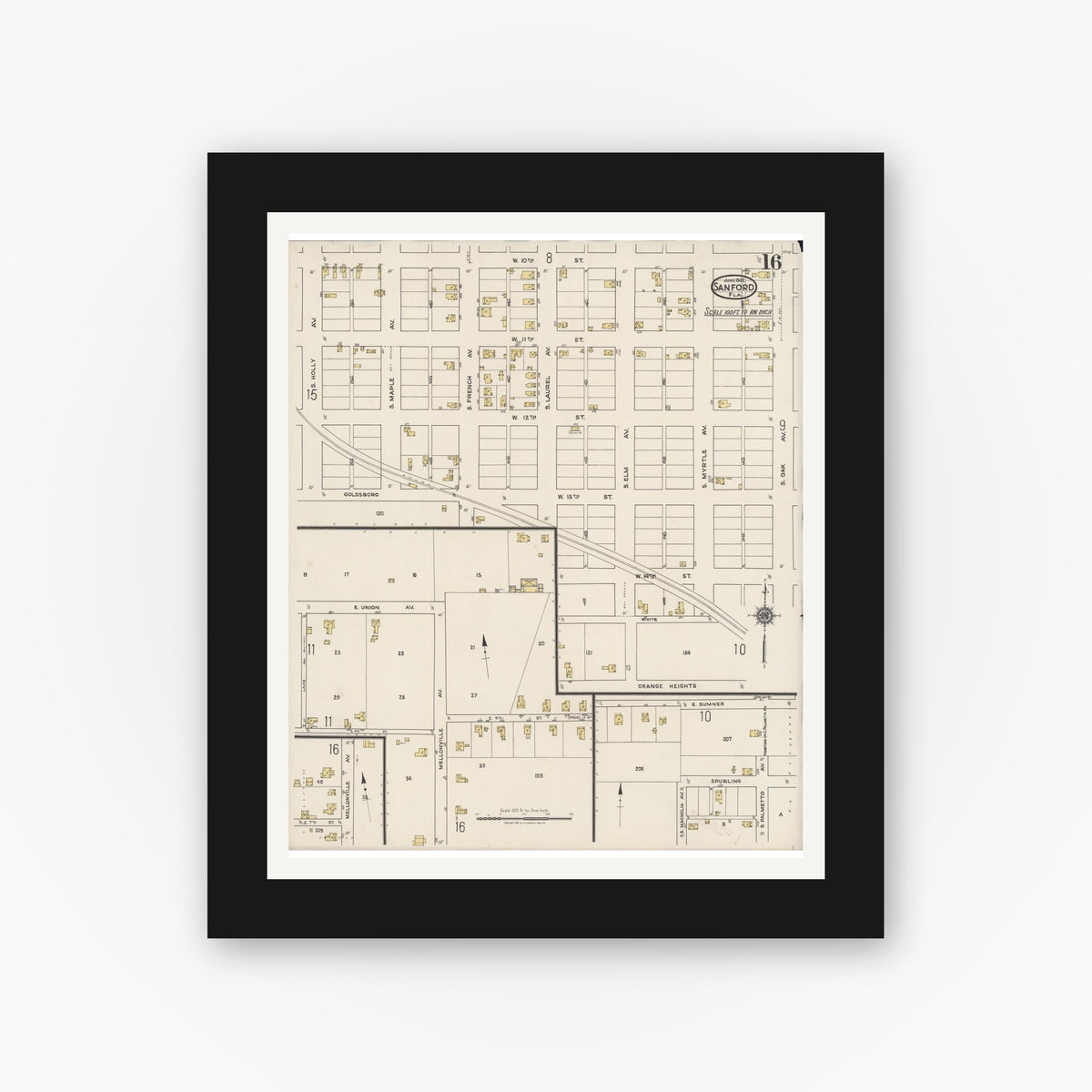Old map wall art mockup — black gallery frame with white mat — Sanborn Fire Insurance Map from Sanford, Seminole County, Florida (1922), Sheet #0016