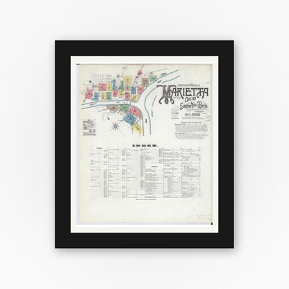 Old map wall art mockup — black gallery frame with white mat — Sanborn Fire Insurance Map from Marietta, Washington County, Ohio (1900) - Complete Map Set