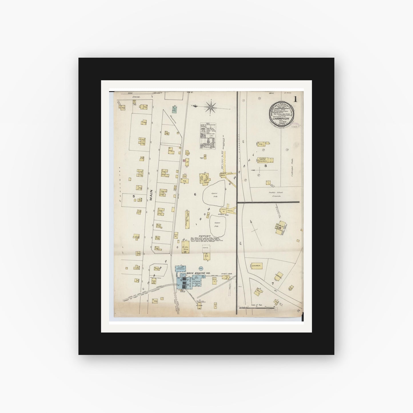 Old map wall art mockup — black gallery frame with white mat — Sanborn Fire Insurance Map from Champion, Marquette County, Michigan (1888), Sheet #0001