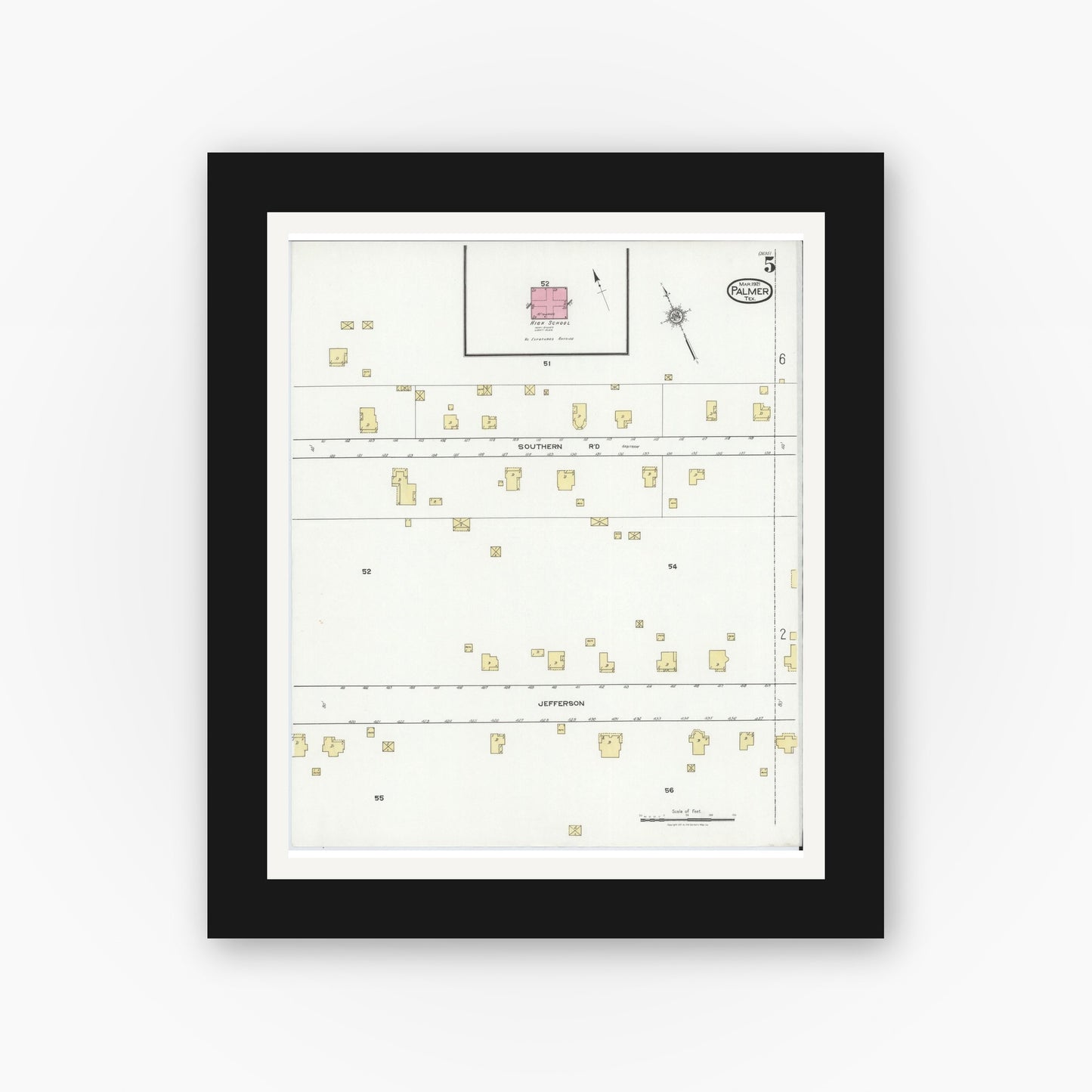 Old map wall art mockup — black gallery frame with white mat — Sanborn Fire Insurance Map from Palmer, Ellis County, Texas (1921), Sheet #0005