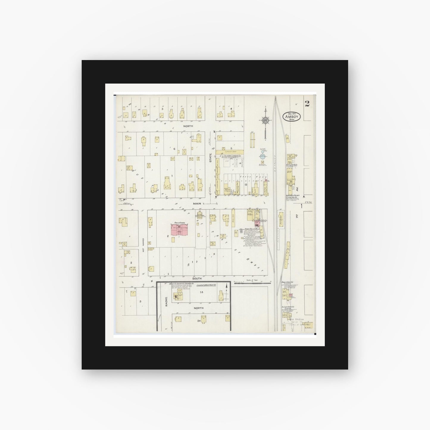 Old map wall art mockup — black gallery frame with white mat — Sanborn Fire Insurance Map from Amboy, Blue Earth County, Minnesota (1914), Sheet #0002