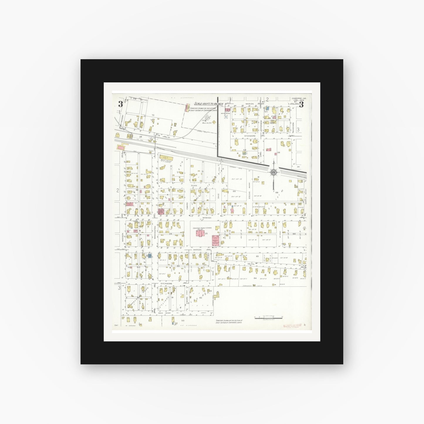 Old map wall art mockup — black gallery frame with white mat — Sanborn Fire Insurance Map from Converse, Miami County, Indiana (1938), Sheet #0003