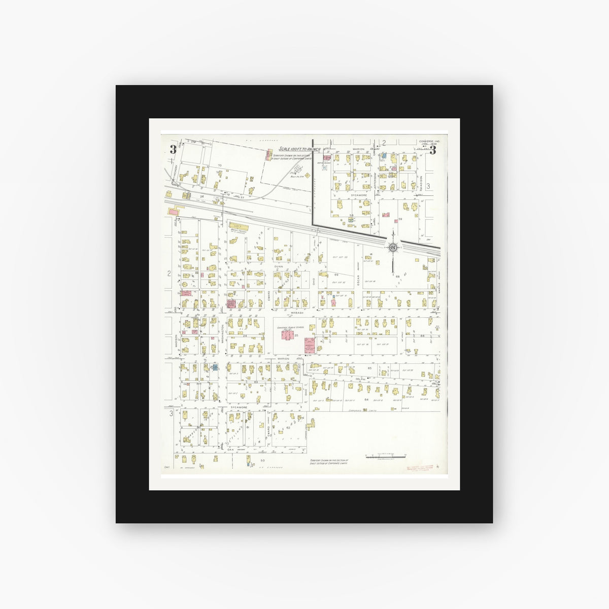 Old map wall art mockup — black gallery frame with white mat — Sanborn Fire Insurance Map from Converse, Miami County, Indiana (1938), Sheet #0003