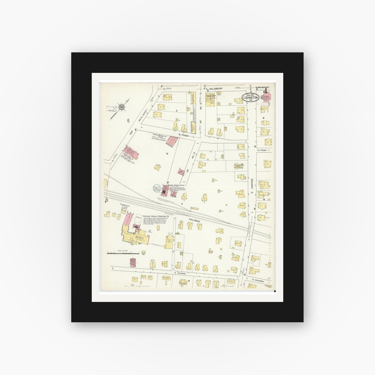 Old map wall art mockup — black gallery frame with white mat — Sanborn Fire Insurance Map from Lexington, Davidson County, North Carolina (1913), Sheet #0004