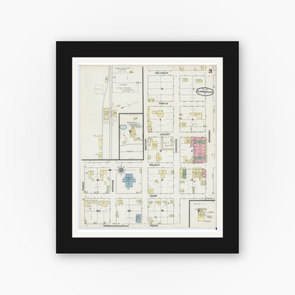 Old map wall art mockup — black gallery frame with white mat — Sanborn Fire Insurance Map from Clarksville, Red River County, Texas (1891), Sheet #0003