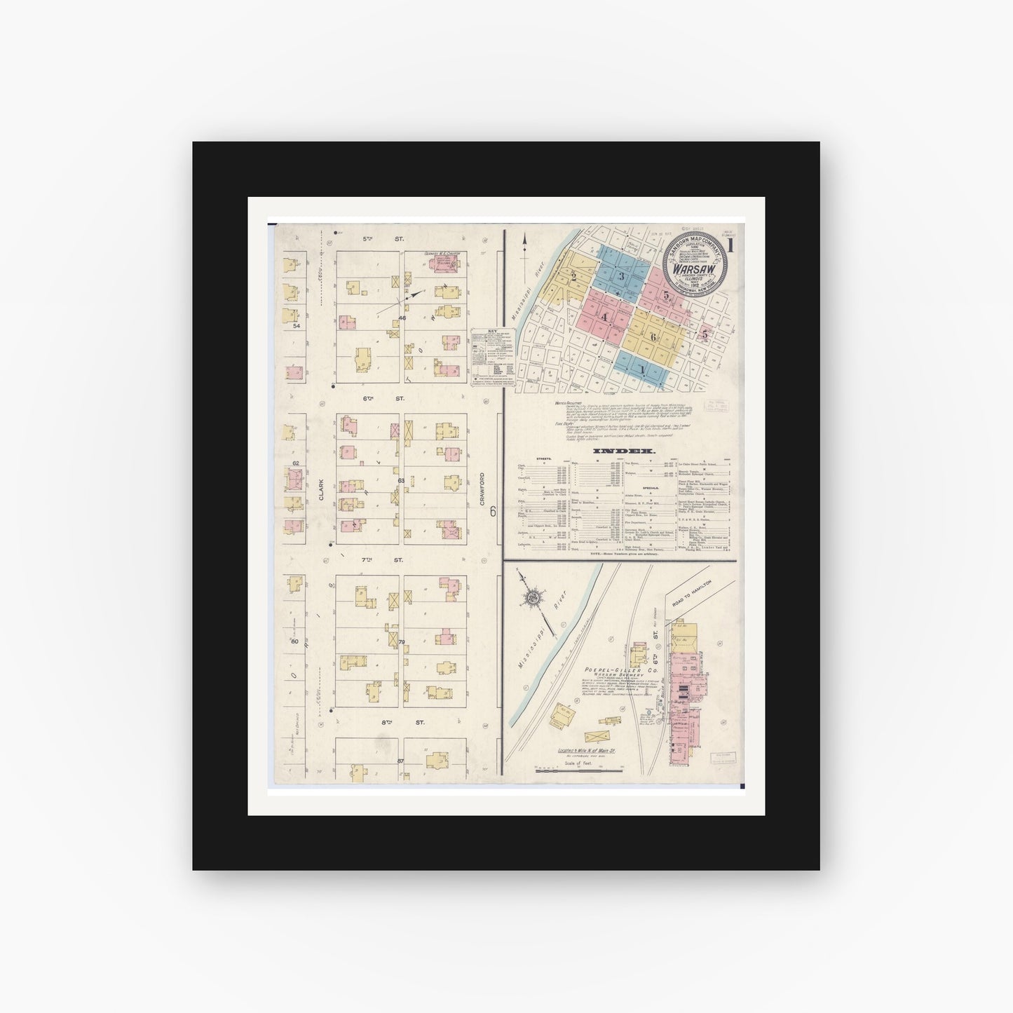 Old map wall art mockup — black gallery frame with white mat — Sanborn Fire Insurance Map from Warsaw, Hancock County, Illinois (1912), Sheet #0001