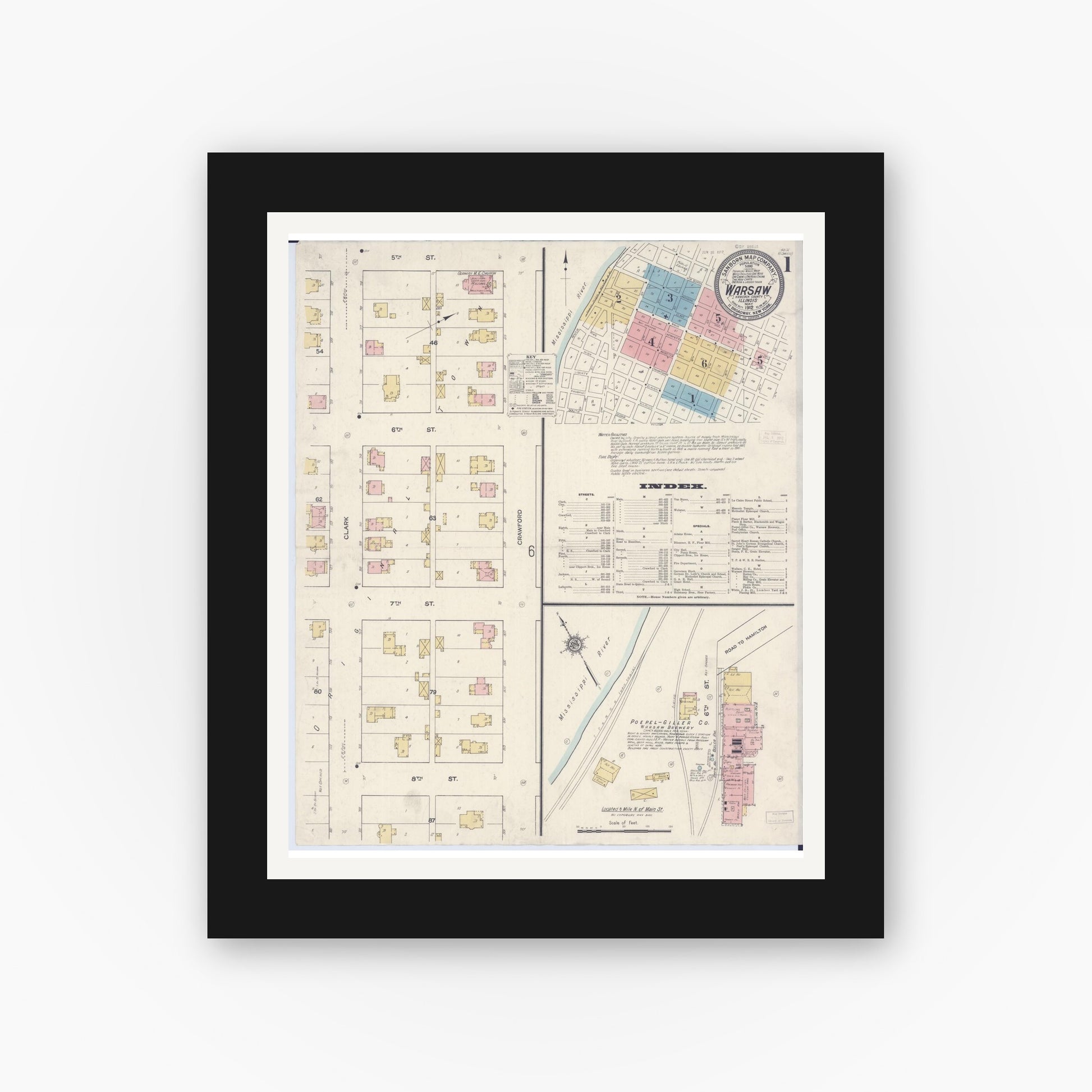 Old map wall art mockup — black gallery frame with white mat — Sanborn Fire Insurance Map from Warsaw, Hancock County, Illinois (1912), Sheet #0001