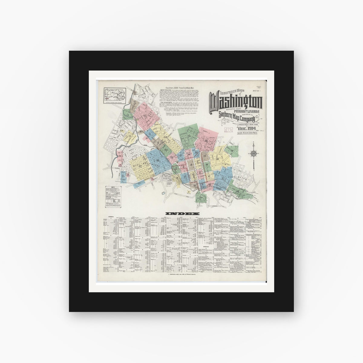 Old map wall art mockup — black gallery frame with white mat — Sanborn Fire Insurance Map from Washington, Washington County, Pennsylvania (1914) - Complete Map Set