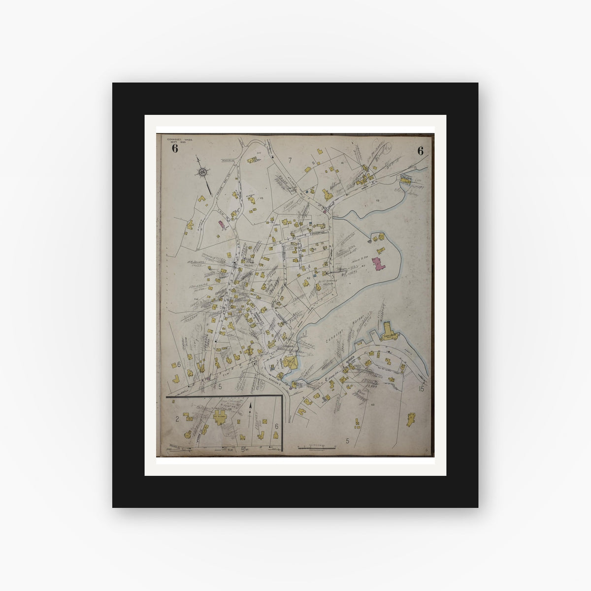 Old map wall art mockup — black gallery frame with white mat — Sanborn Fire Insurance Map from Cohasset, Norfolk County, Massachusetts (1952), Sheet #0006