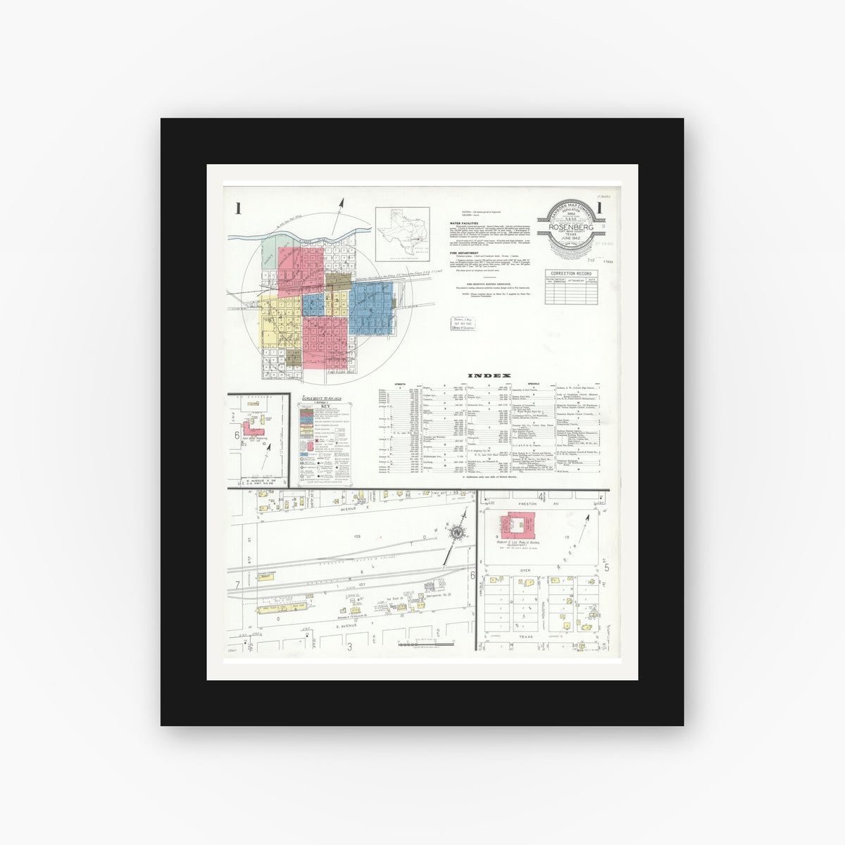Old map wall art mockup — black gallery frame with white mat — Sanborn Fire Insurance Map from Rosenberg, Fort Bend County, Texas (1942), Sheet #0001