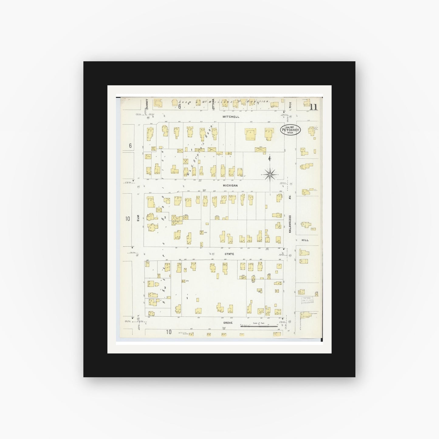 Old map wall art mockup — black gallery frame with white mat — Sanborn Fire Insurance Map from Petoskey, Emmet County, Michigan (1907), Sheet #0011