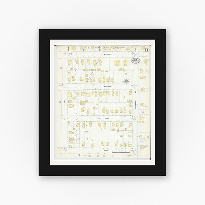 Old map wall art mockup — black gallery frame with white mat — Sanborn Fire Insurance Map from Petoskey, Emmet County, Michigan (1907), Sheet #0011