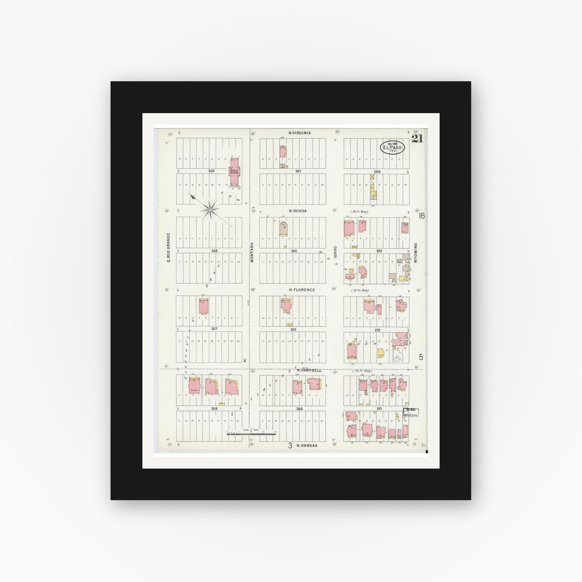 Old map wall art mockup — black gallery frame with white mat — Sanborn Fire Insurance Map from El Paso, El Paso County, Texas (1898), Sheet #0021