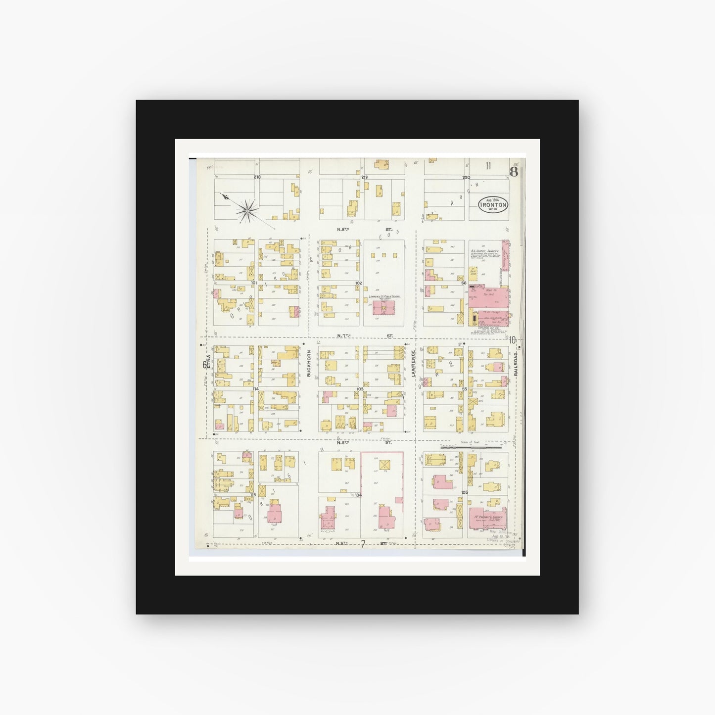 Old map wall art mockup — black gallery frame with white mat — Sanborn Fire Insurance Map from Ironton, Lawrence County, Ohio (1904), Sheet #0008