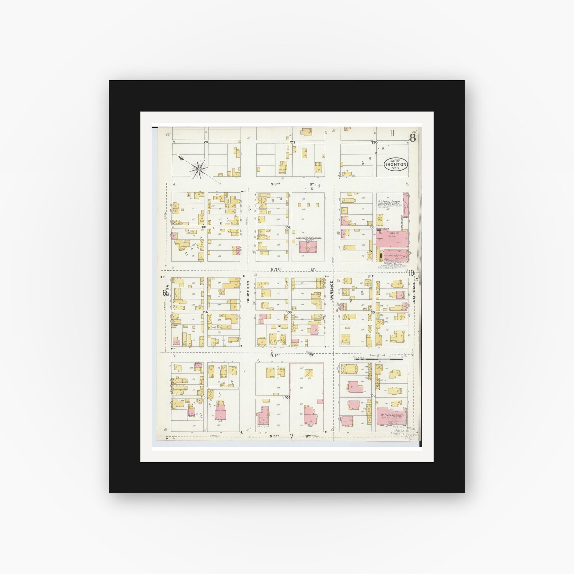 Old map wall art mockup — black gallery frame with white mat — Sanborn Fire Insurance Map from Ironton, Lawrence County, Ohio (1904), Sheet #0008