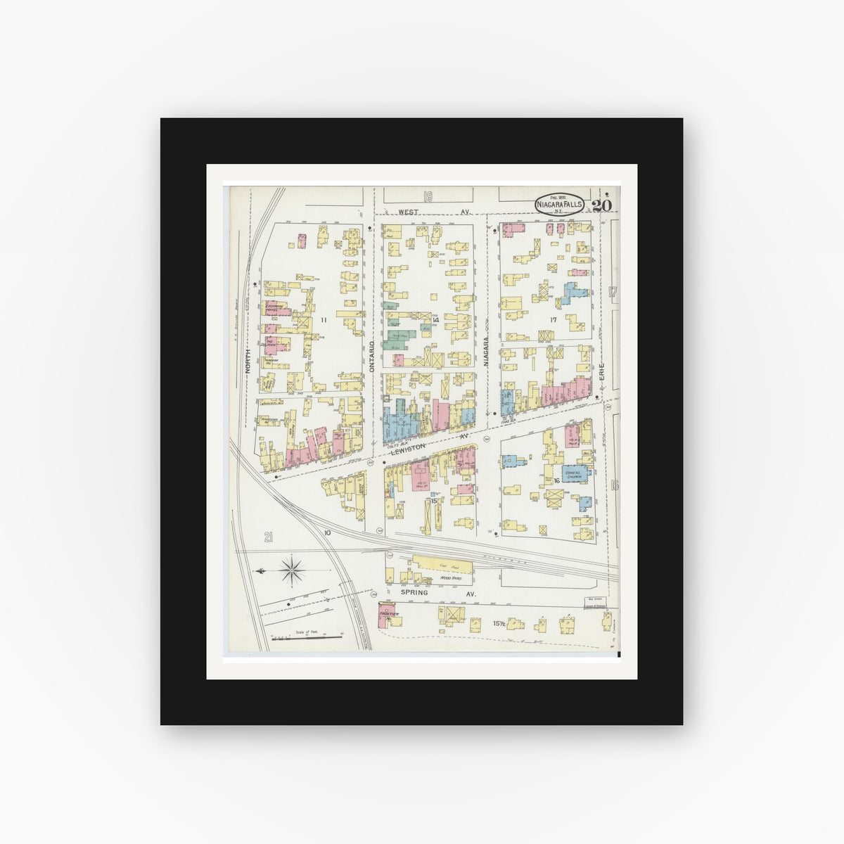 Old map wall art mockup — black gallery frame with white mat — Sanborn Fire Insurance Map from Niagara Falls, Niagara County, New York (1892), Sheet #0020