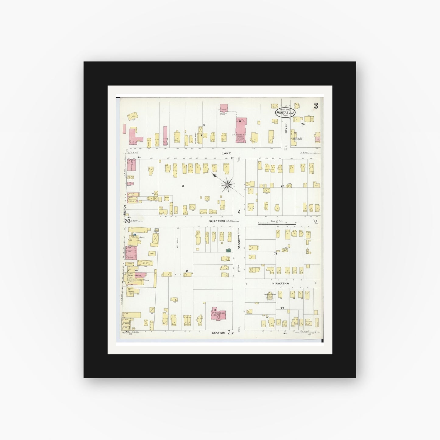 Old map wall art mockup — black gallery frame with white mat — Sanborn Fire Insurance Map from Ashtabula, Ashtabula County, Ohio (1909), Sheet #0003