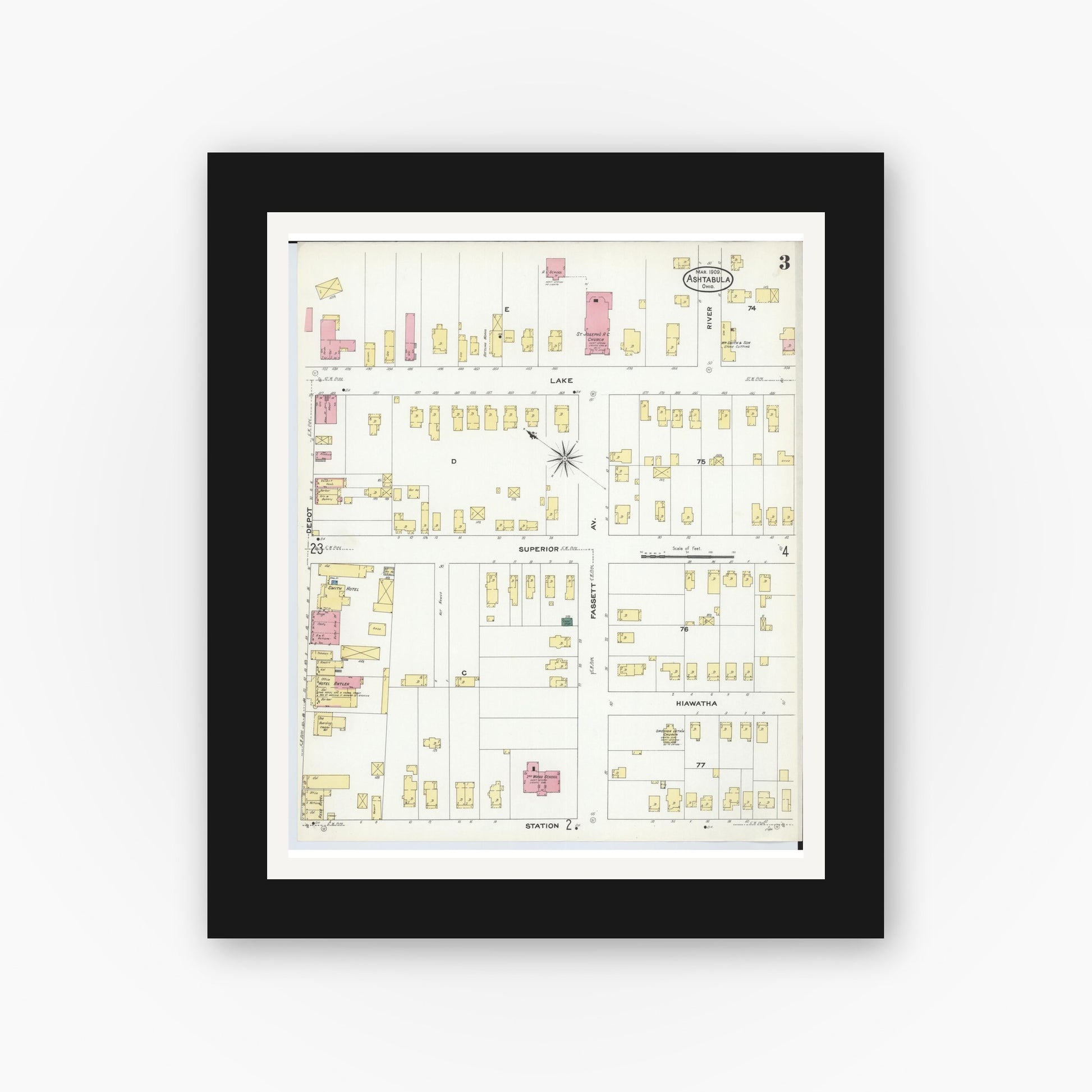 Old map wall art mockup — black gallery frame with white mat — Sanborn Fire Insurance Map from Ashtabula, Ashtabula County, Ohio (1909), Sheet #0003