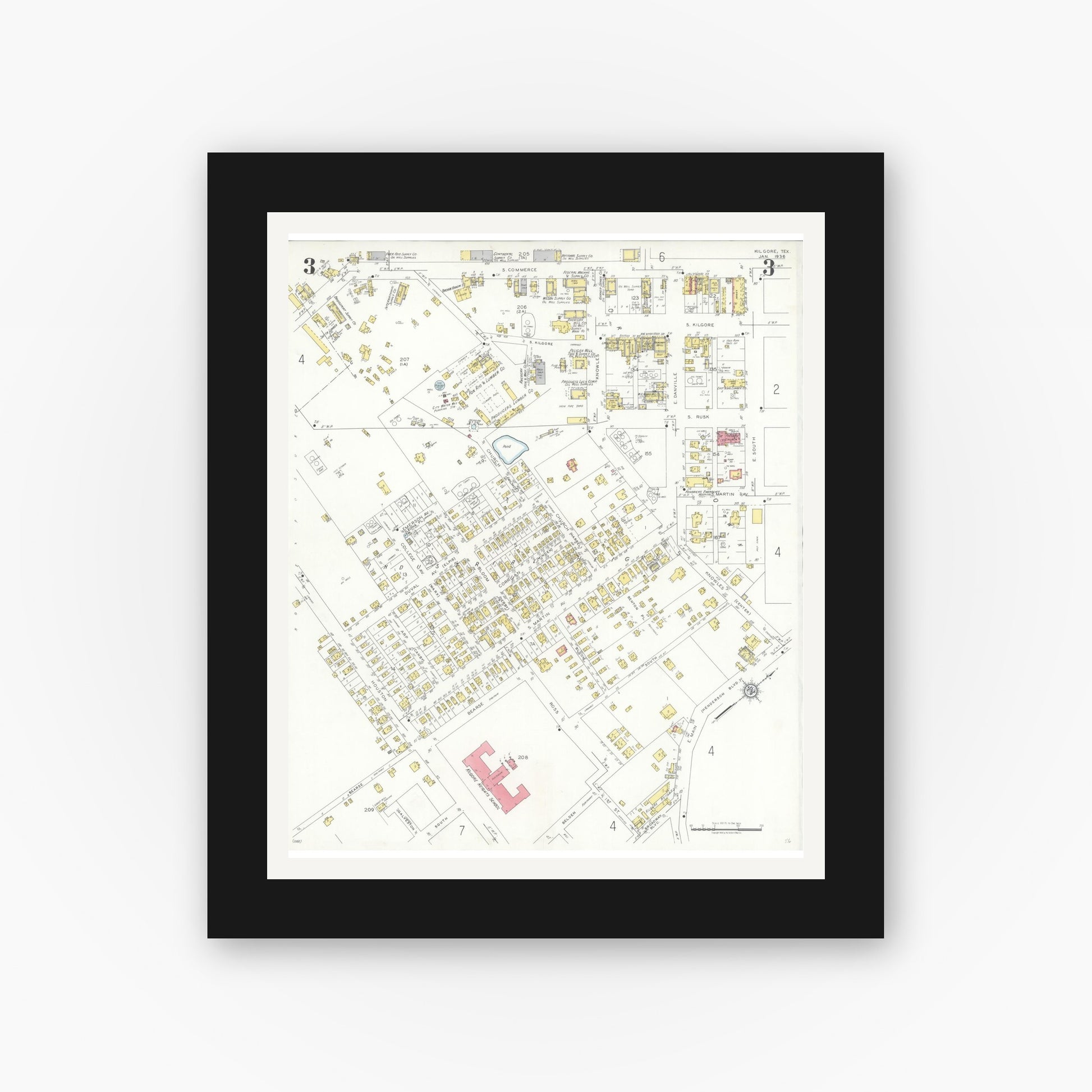 Old map wall art mockup — black gallery frame with white mat — Sanborn Fire Insurance Map from Kilgore, Gregg County, Texas (1936), Sheet #0003