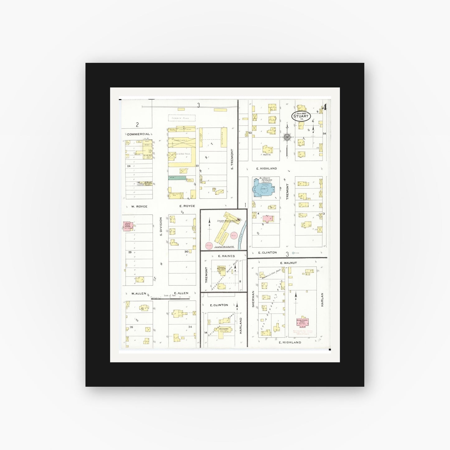 Old map wall art mockup — black gallery frame with white mat — Sanborn Fire Insurance Map from Stuart, Guthrie and Adair Counties, Iowa (1909), Sheet #0004