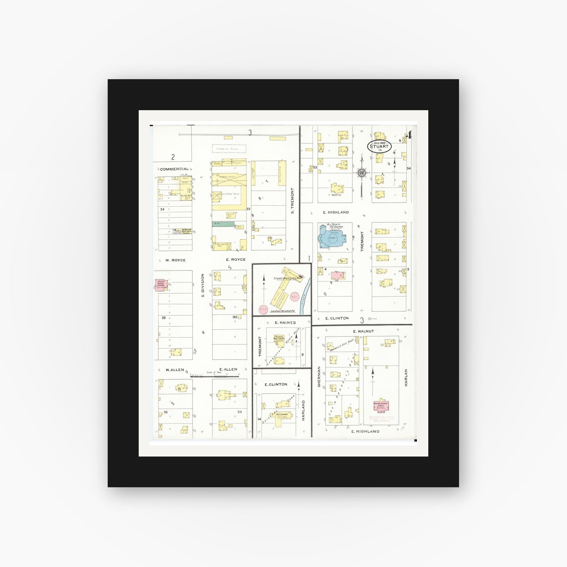 Old map wall art mockup — black gallery frame with white mat — Sanborn Fire Insurance Map from Stuart, Guthrie and Adair Counties, Iowa (1909), Sheet #0004