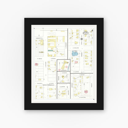 Old map wall art mockup — black gallery frame with white mat — Sanborn Fire Insurance Map from Stuart, Guthrie and Adair Counties, Iowa (1909), Sheet #0004
