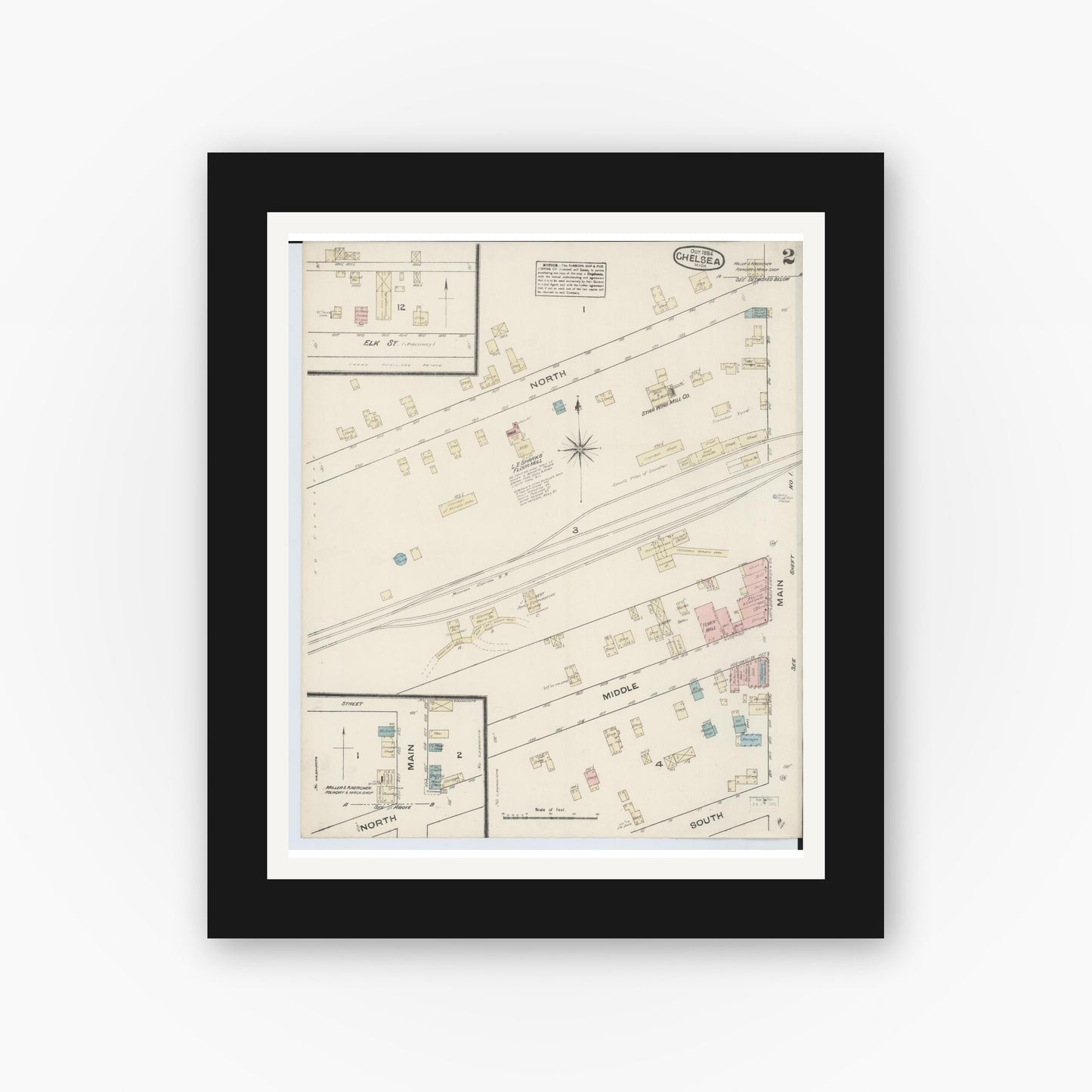 Old map wall art mockup — black gallery frame with white mat — Sanborn Fire Insurance Map from Chelsea, Washtenaw County, Michigan (1884), Sheet #0002