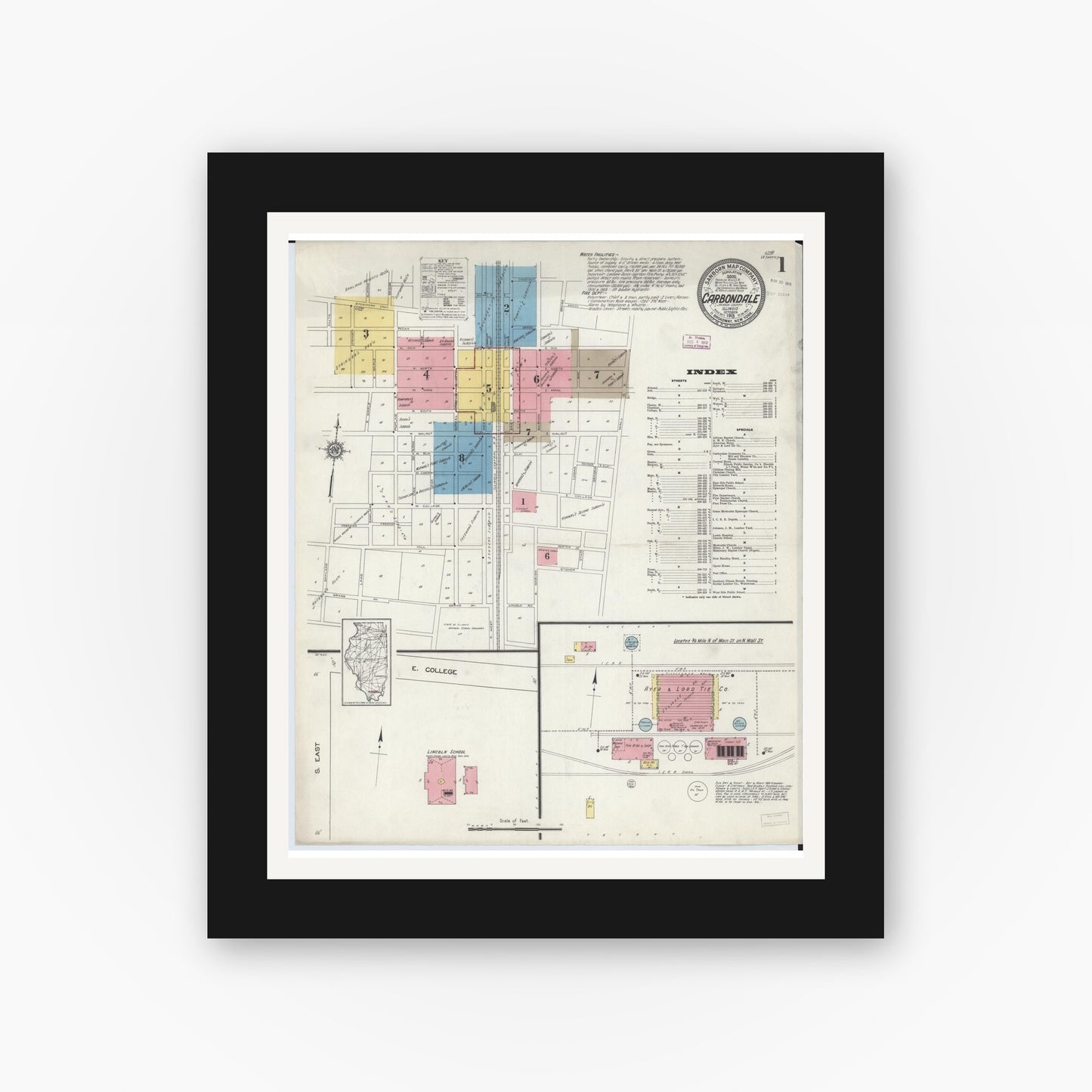 Old map wall art mockup — black gallery frame with white mat — Sanborn Fire Insurance Map from Carbondale, Jackson County, Illinois (1913), Sheet #0001