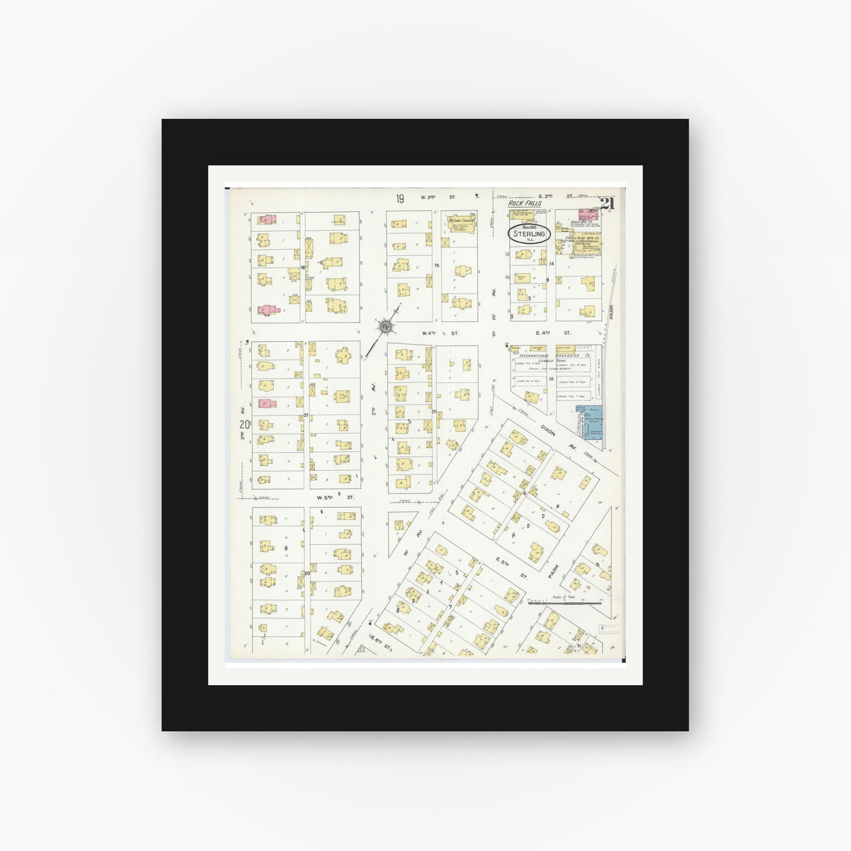 Old map wall art mockup — black gallery frame with white mat — Sanborn Fire Insurance Map from Sterling, Whiteside County, Illinois (1910), Sheet #0021