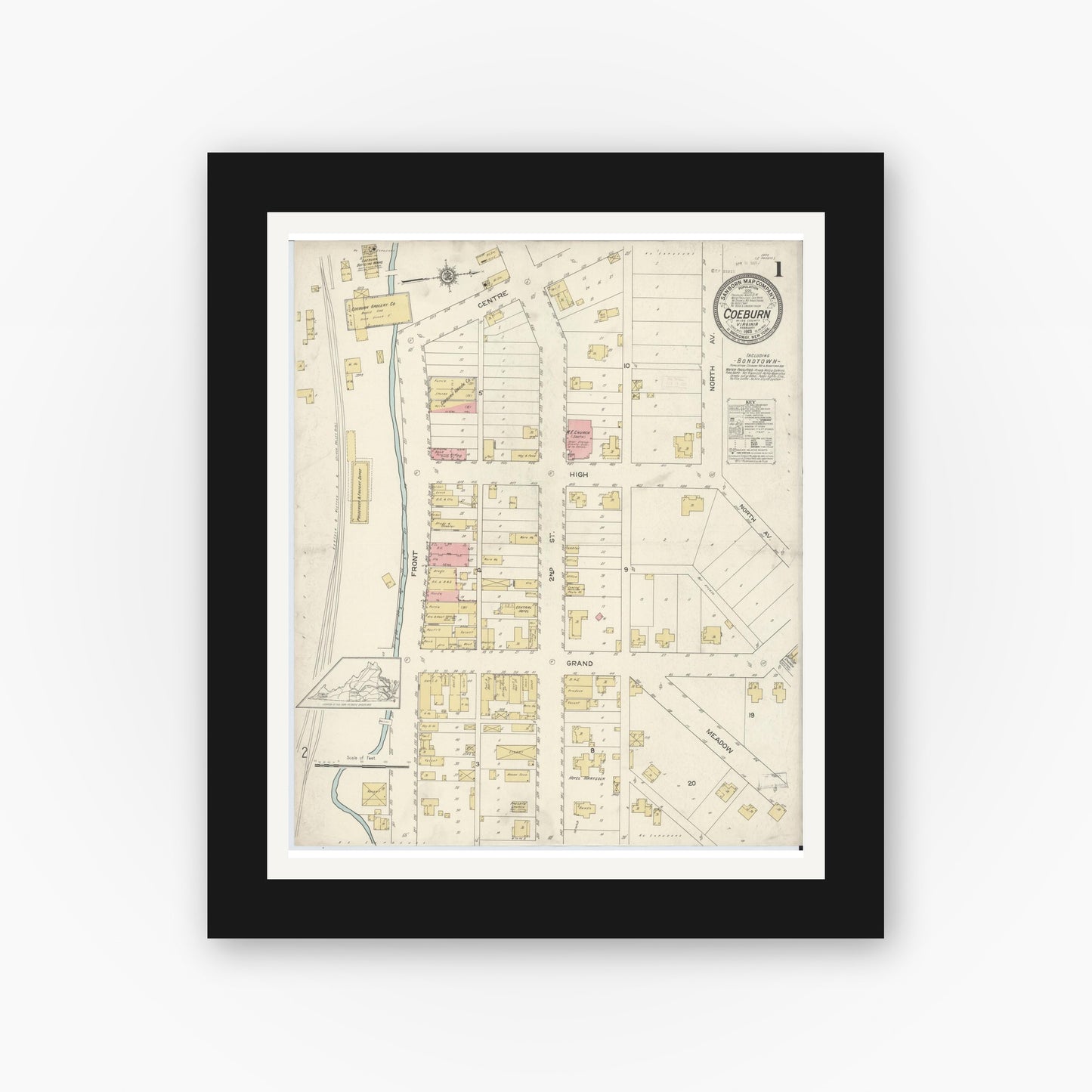 Old map wall art mockup — black gallery frame with white mat — Sanborn Fire Insurance Map from Coeburn, Wise County, Virginia (1913), Sheet #0001