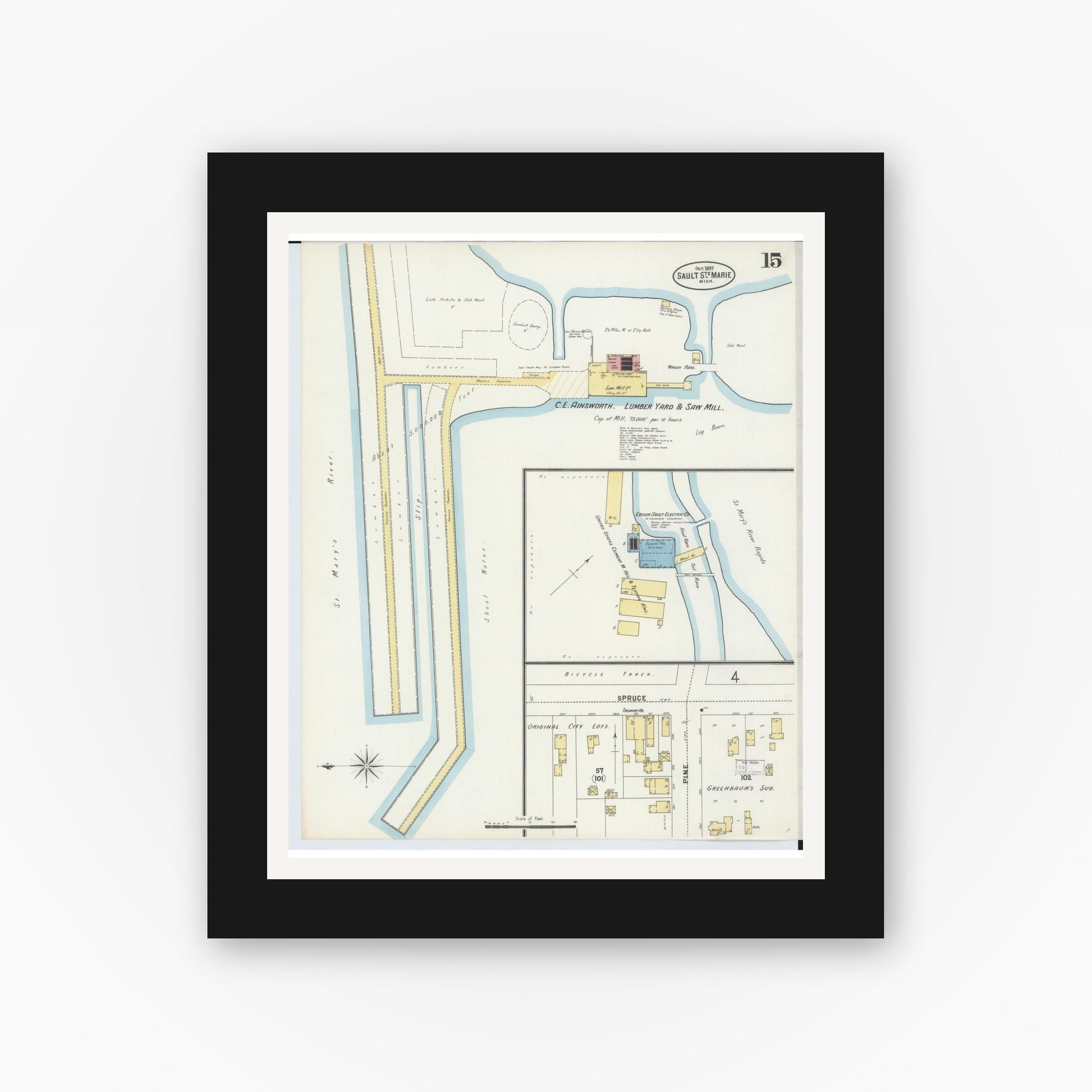 Old map wall art mockup — black gallery frame with white mat — Sanborn Fire Insurance Map from Sault Sainte Marie, Chippewa County, Michigan (1897), Sheet #0015