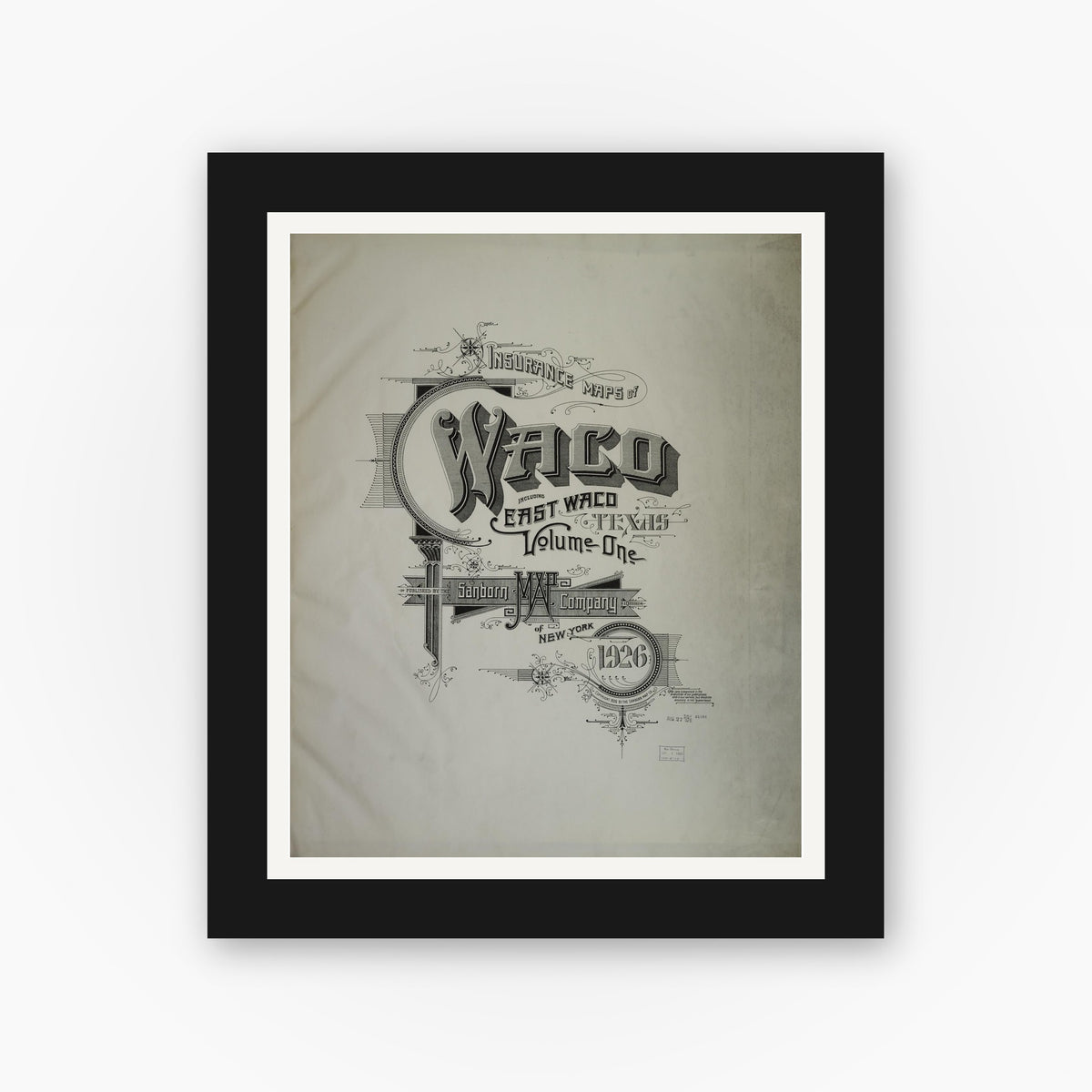 Old map wall art mockup — black gallery frame with white mat — Sanborn Fire Insurance Map from Waco, McLennan County, Texas (1926), Sheet #0001
