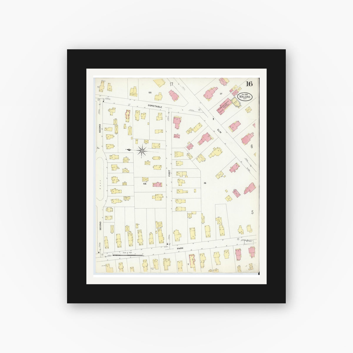 Old map wall art mockup — black gallery frame with white mat — Sanborn Fire Insurance Map from Malone, Franklin County, New York (1908), Sheet #0016